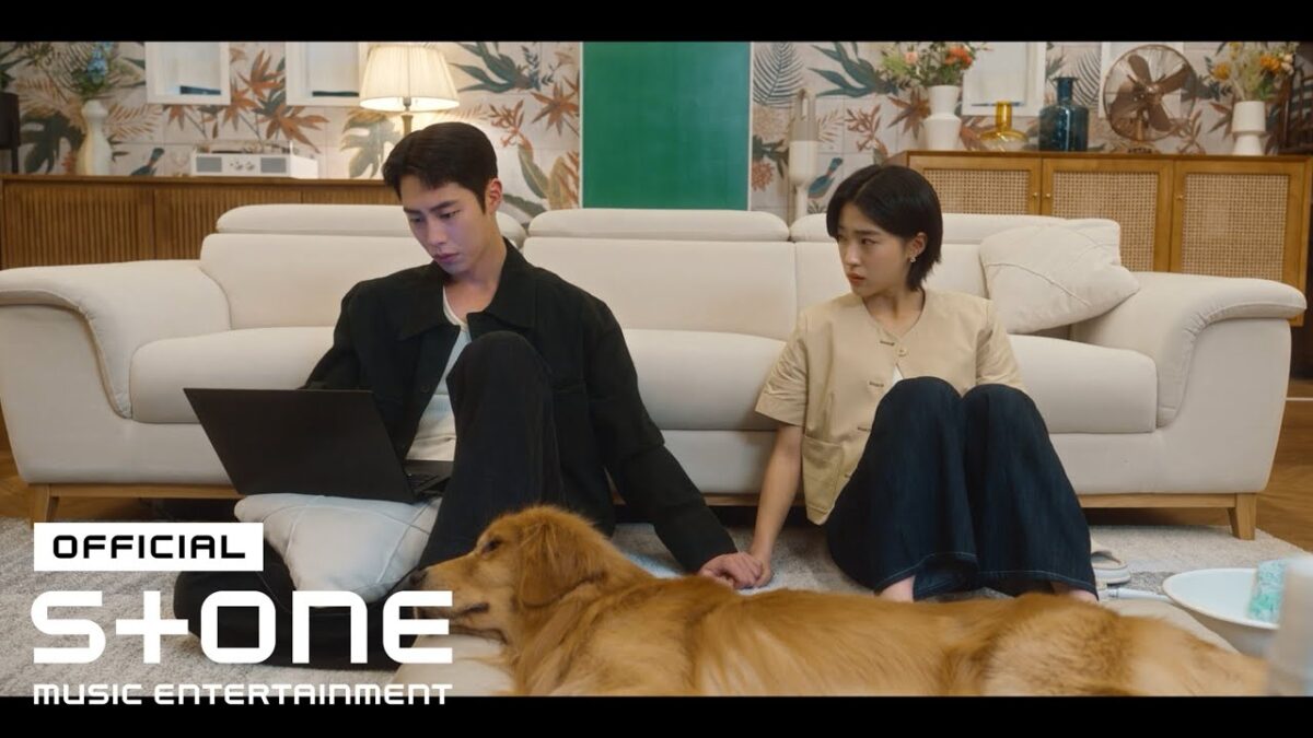 Casal sentado no sofá, usando um laptop, com um cachorro deitado ao lado deles.
