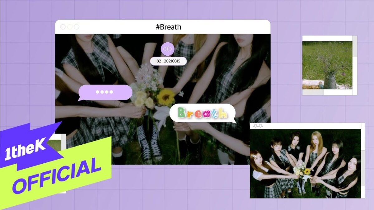 Grupo de garotas em vestidos xadrez segurando flores em um cenário colorido, promovendo o clipe "Breath".