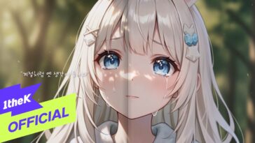 Personagem com cabelo claro e lágrimas nos olhos, em um ambiente de natureza suave e iluminado.