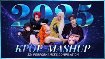 Seis artistas de K-Pop em destaque, com o número 2025 e a frase "KPOP MASHUP" em um fundo vibrante.