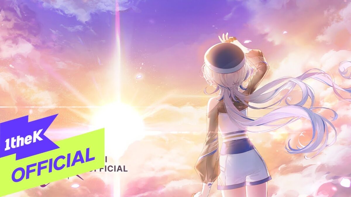 Personagem anime de costas, olhando para um pôr do sol vibrante, com nuvens e um céu colorido ao fundo.