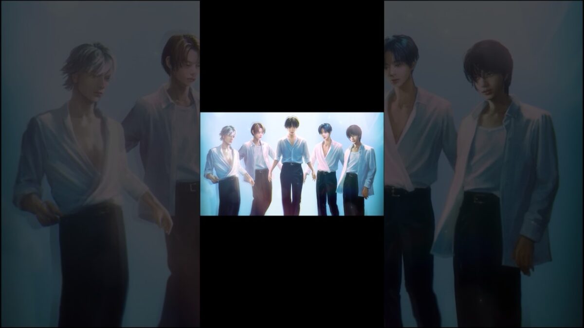 Cinco membros do Tomorrow X Together posam em estilo elegante, com luz suave ao fundo, para o vídeo de SSS.
