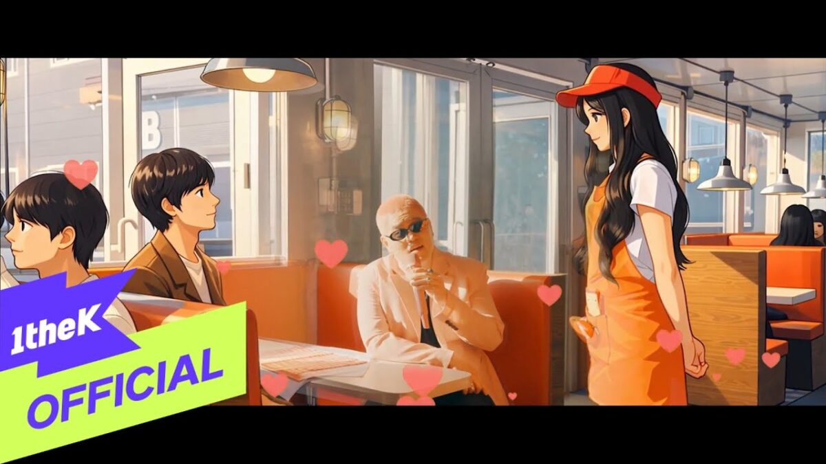 Cena animada de um café, com personagens em interação, corações flutuando ao redor de um casal e um homem com óculos escuros.