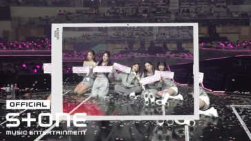 Cinco integrantes do Apink posam em um palco com confetes, segurando cartazes e cercadas por fãs com luzes rosas.