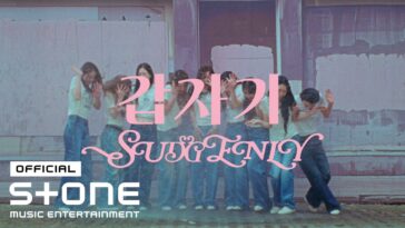 Grupo de garotas em camisetas brancas e jeans, dançando em frente a uma parede colorida com a palavra "Suddenly".