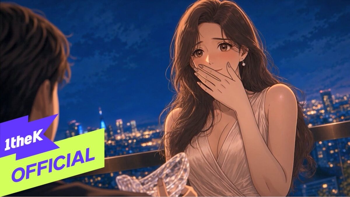 Uma jovem com vestido elegante cobre a boca, surpresa, enquanto observa uma cidade iluminada ao fundo.