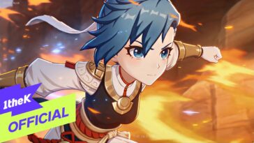 Personagem feminina com cabelo azul avança com determinação em cenário de ação e chamas ao fundo.