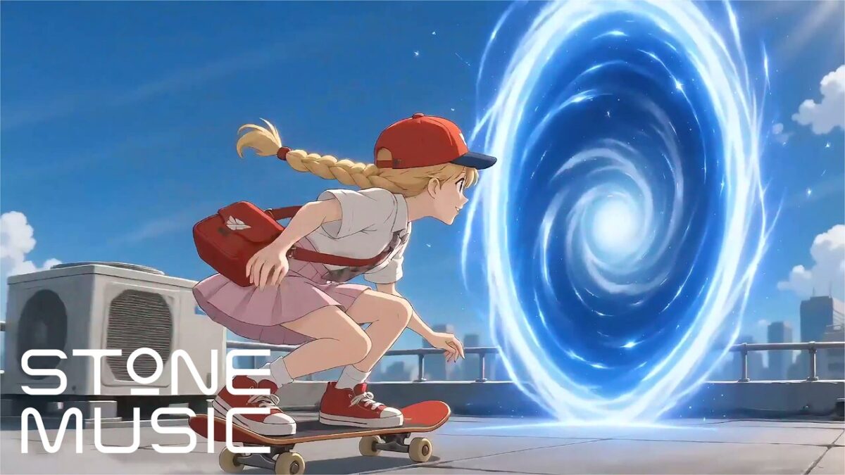 Garota em um skate se aproxima de um portal brilhante em um cenário urbano vibrante.