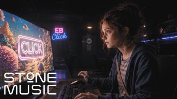 Jovem concentrada em frente a um computador com a palavra "CLICK" iluminada em neon ao fundo.