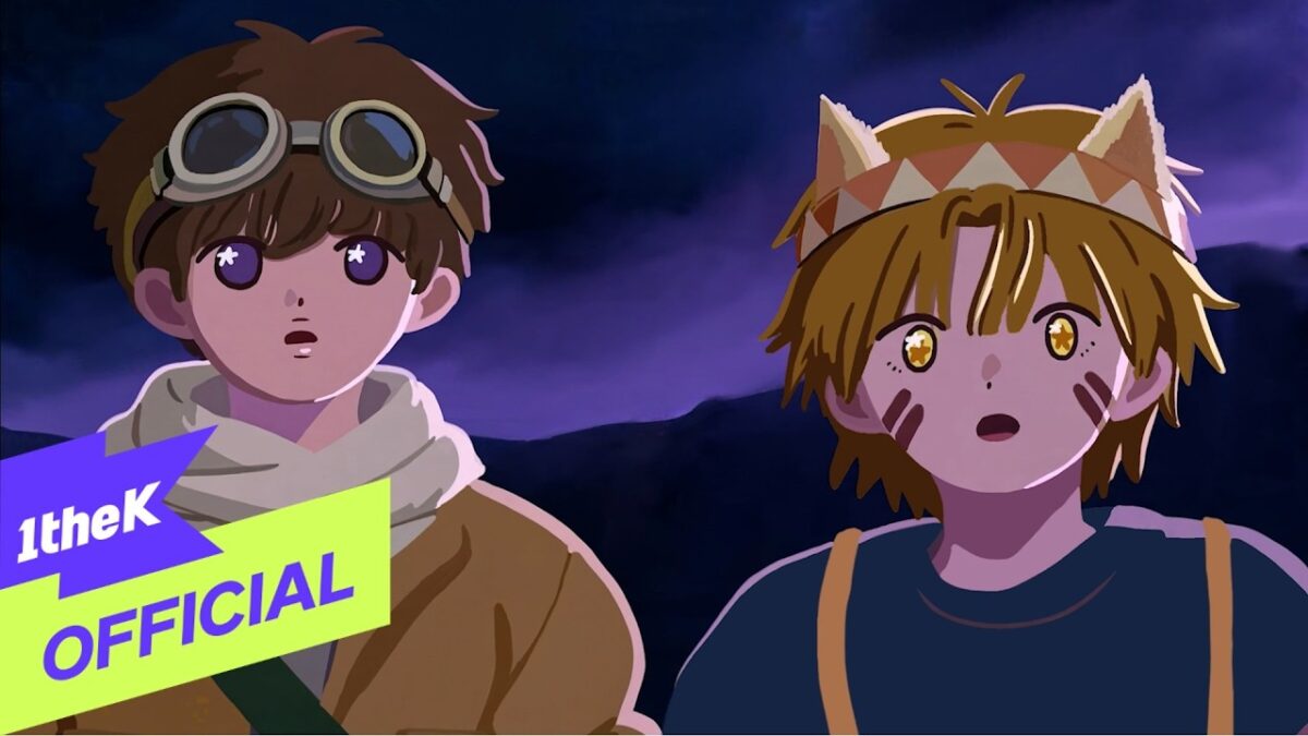 Dois personagens animados, um com óculos e outro com orelhas de gato, observam uma cena noturna intrigante.