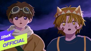 Dois personagens animados, um com óculos e outro com orelhas de gato, observam uma cena noturna intrigante.